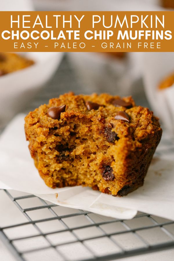 healthy pumpkin chocolate chip muffins on a cooling rack with text overlay that reads, healthy pumpkin chocolate chip muffins