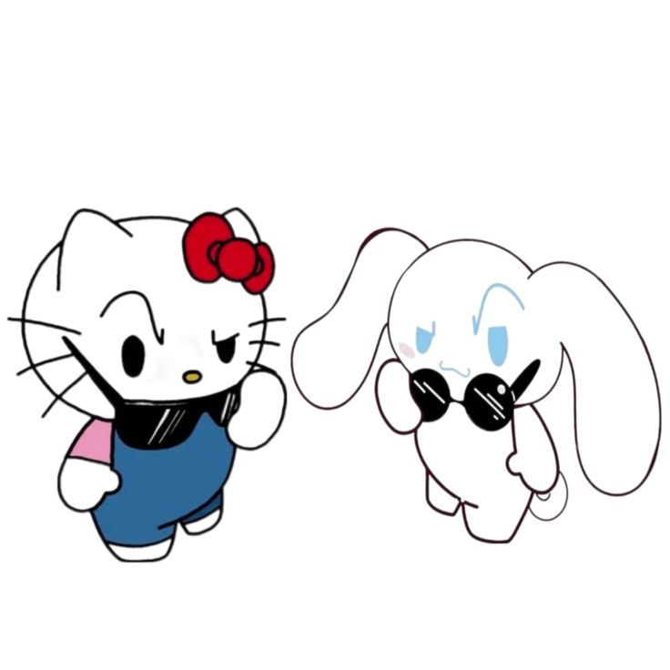 hello kitty and dog with sunglasses on their heads, one has a bow in its hair