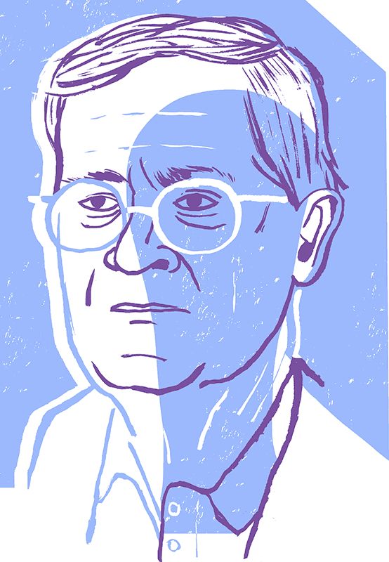 a drawing of a man with glasses on his face and in front of a blue background