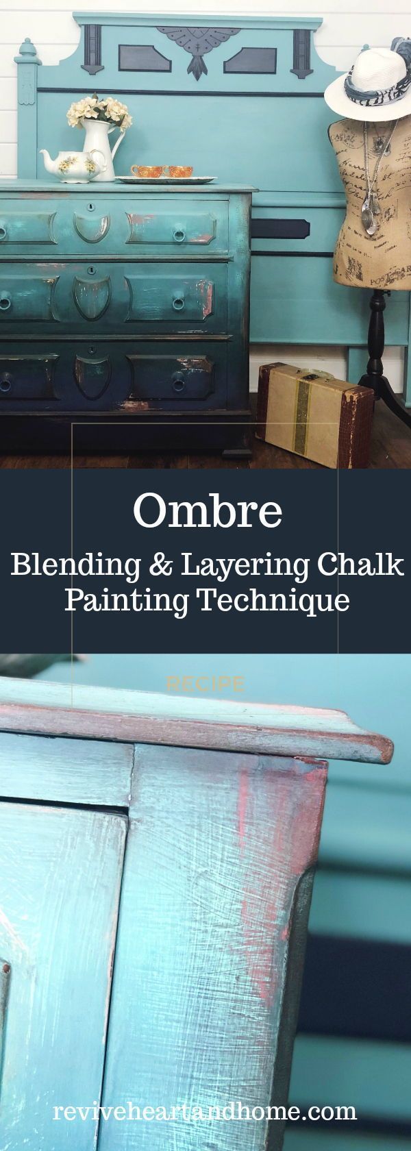 an old dresser is painted blue and has the words ombre blending and layering chalk painting technique