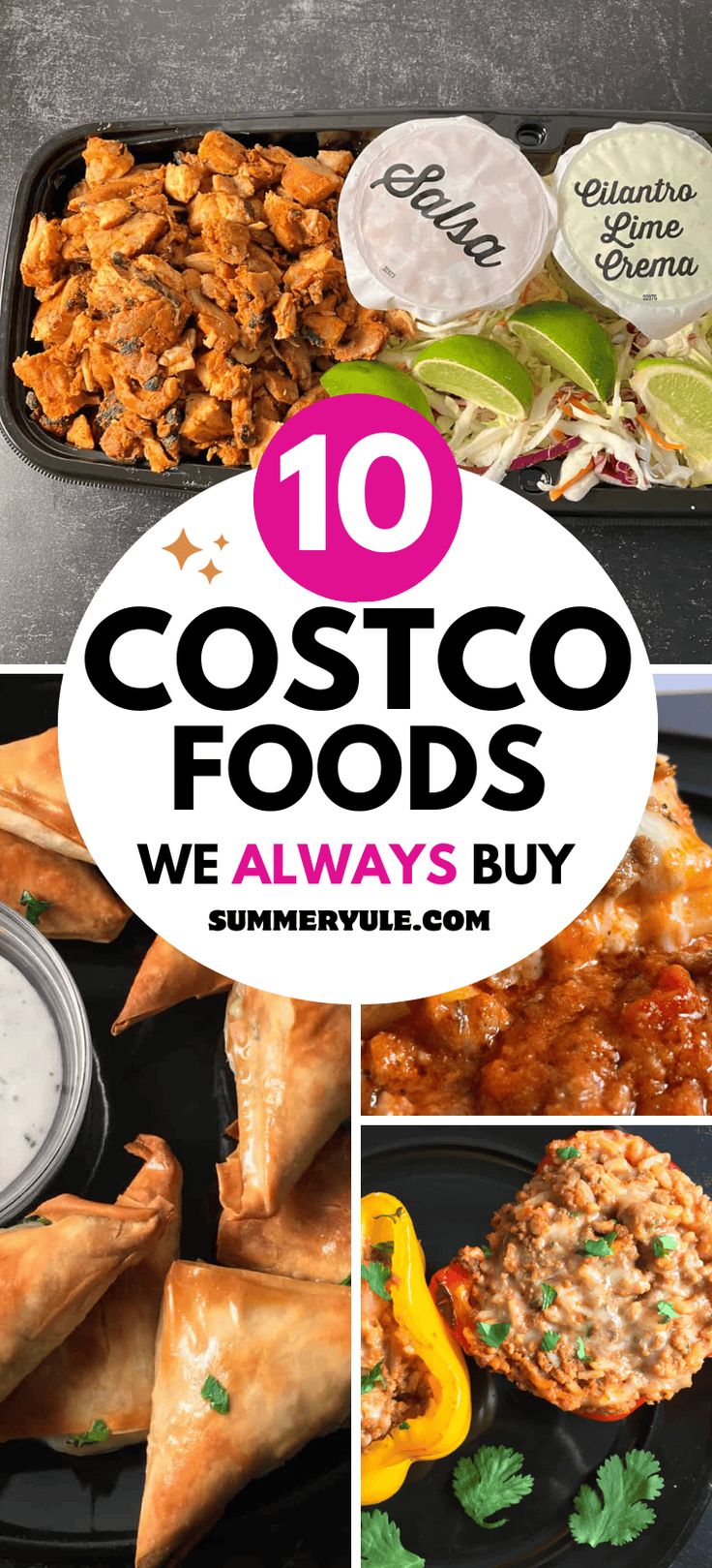 collage of different food items with the words costco foods, we always buy