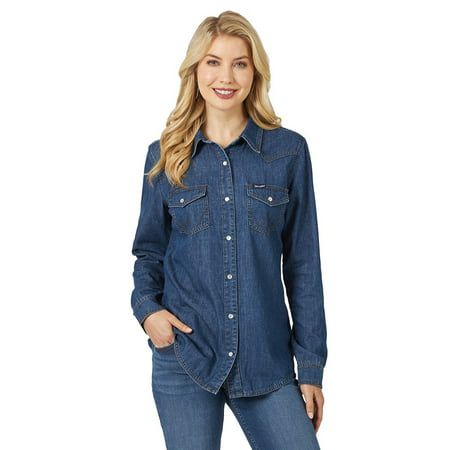 Invite your inner cowgirl out to play in this Western Snap Denim Shirt from Wrangler. Made of 100% cotton denim that feels great against your skin, this shirt is a staple for year round wear. The authentic Wrangler snap closures gives off the perfect western vibes. Other authentic Wrangler western features include snap front pockets, signature gold threading logo and front yokes. Perfect for work or weekend wear, this versatile denim shirt is ready for whatever adventures lie ahead. Pair with yo Wrangler Denim Shirt, Wrangler Clothing, Western Top, Western Vibes, Mens Puffer Jacket, Western Denim Shirt, Womens Flannel Shirt, Womens Denim Shirt, Tunic Tops Casual