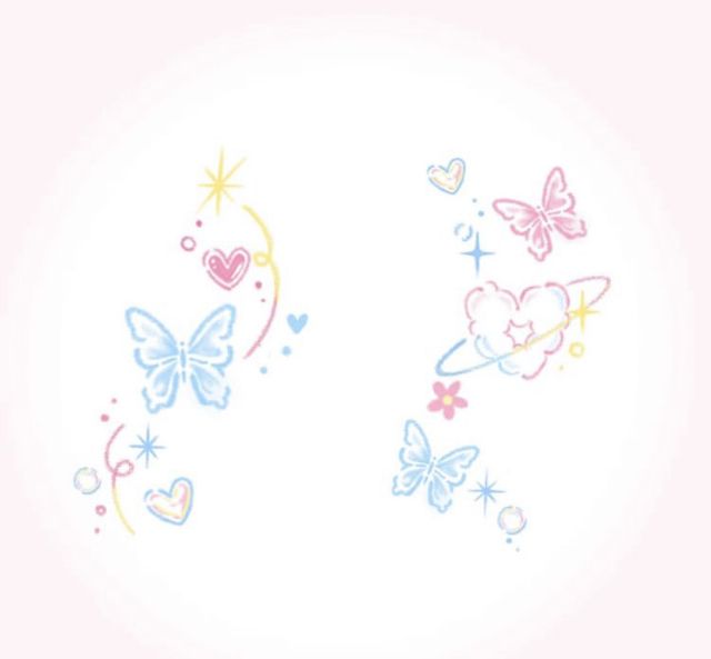 three different colored butterflies and hearts on a white background with space for text or image