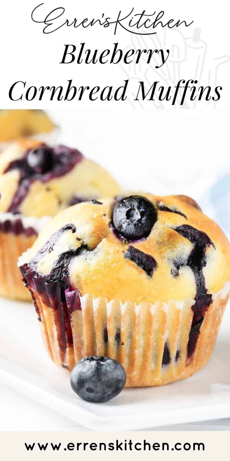 blueberry cornbread muffins on a white plate with the title overlay