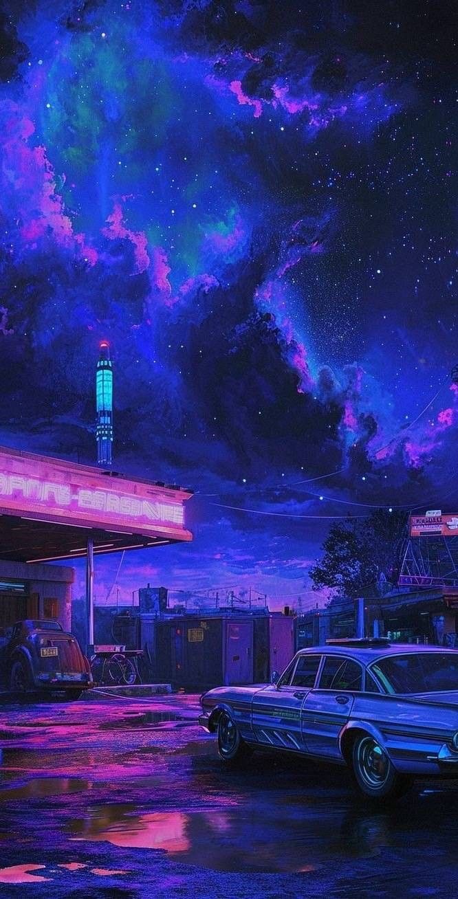 two cars parked in front of a gas station under a night sky filled with stars