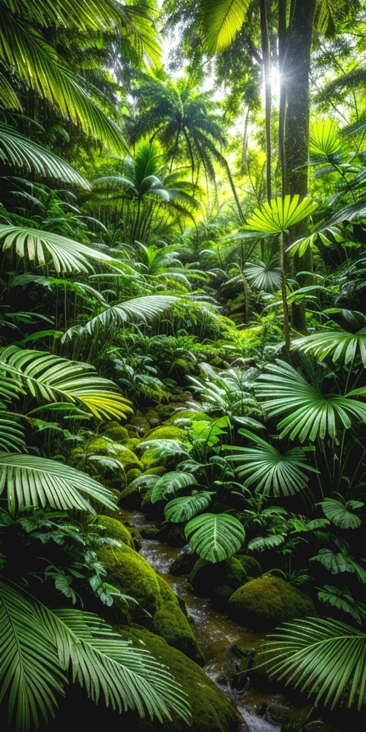 the sun shines through the trees and leaves in this tropical jungle scene with water running between them