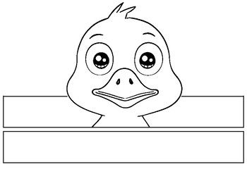 a cartoon duck with big eyes peeking out from behind a sign