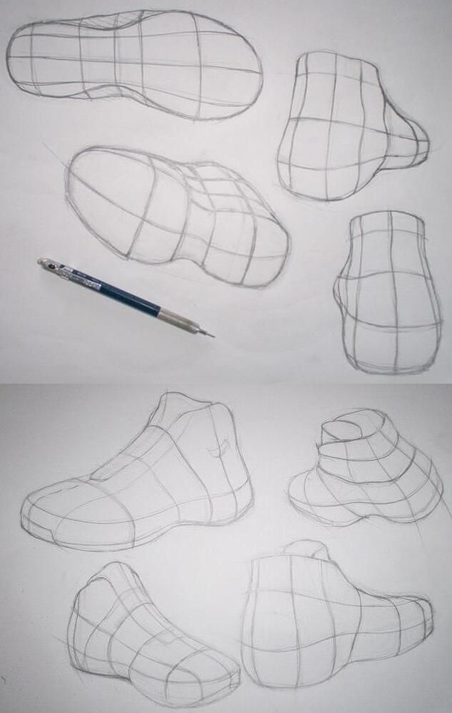 the steps to drawing shoes are shown in three different ways