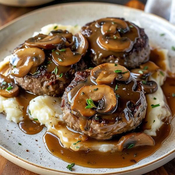 meatloaf with mushrooms and gravy on mashed potatoes in a white bowl