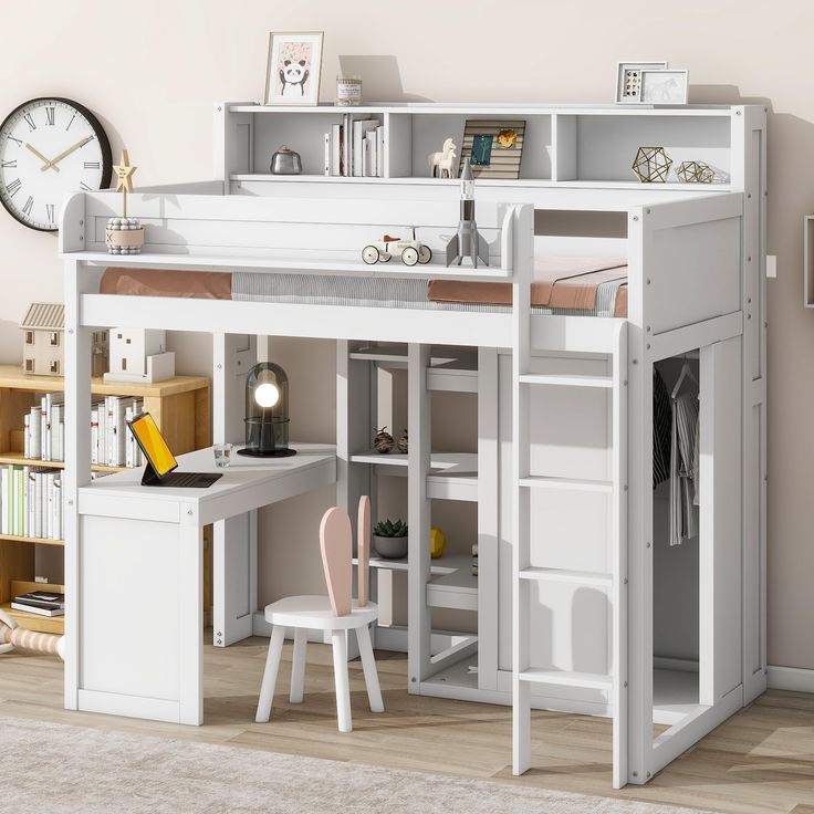 a white loft bed with desk and chair in a room next to a wall clock