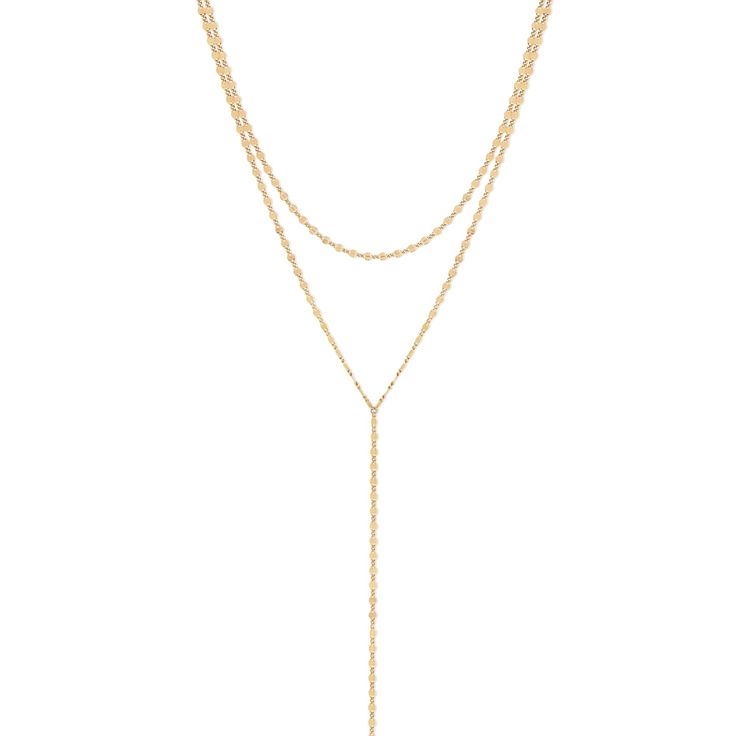 The Eliana Lariat Necklace is designed to complement a variety of necklines and styles, this lariat is perfect for both casual and formal occasions. Wear it with a plunging neckline for a dramatic effect, or layer it with other necklaces for a chic, contemporary look. 14k gold-filled 16"-18" adjustable length Nickel and lead-free FINAL SALE Elegant Adjustable Length Chain Choker Necklace, Elegant Adjustable Length Choker Chain Necklace, Elegant Double Strand Backdrop Necklace With Delicate Chain, Elegant Multi-strand Lariat Necklace, Elegant Double Strand Long Necklace For Layering, Elegant Double Chain Adjustable Body Chain, Elegant Adjustable Choker Body Chain, Elegant Adjustable Double Chain Body Chain, Elegant Lariat Necklace For Formal Occasions