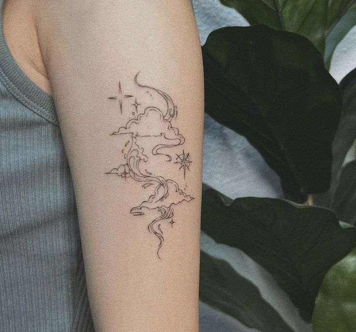 a woman's arm with a tattoo on it and a plant in the background