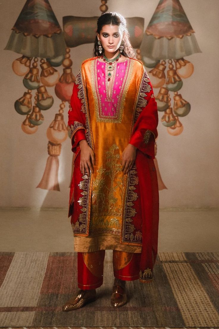 Orange Keseri Kurta Set by House Of Masaba, available on Indiaspopup.com Patchwork Dupatta, Raw Silk Embroidery, Contrast Dupatta, Embroidered Salwar, Thread Beads, Salwar Pattern, Embroidered Border, Gold Embroidery, Silk Embroidery