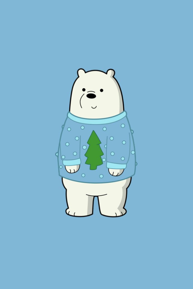 a polar bear wearing a sweater with a christmas tree on it's chest, standing in front of a blue background