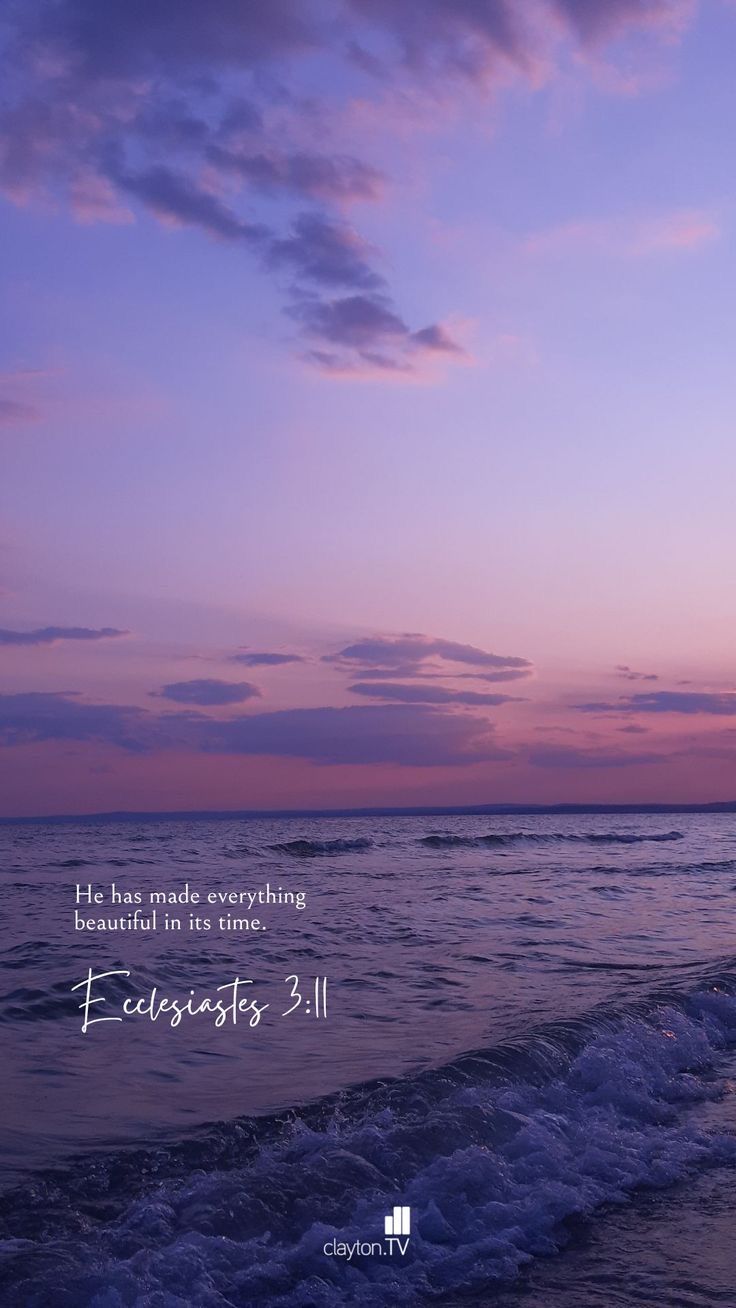 an image of the ocean at sunset with a bible verse written in white on it