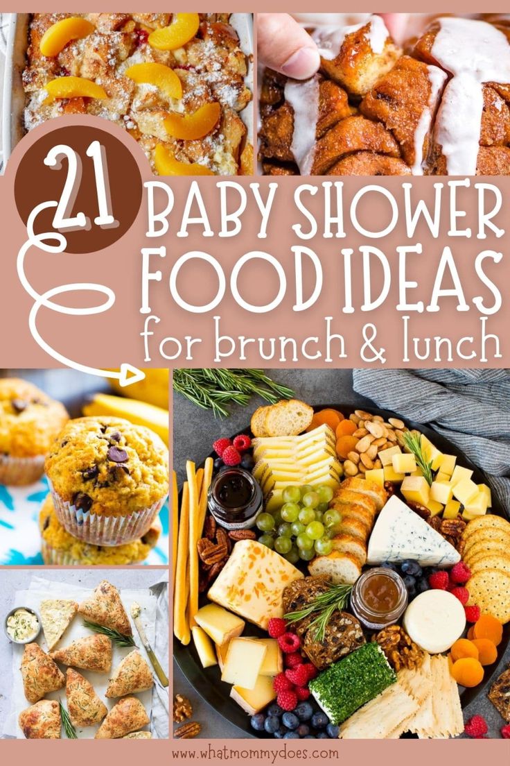 baby shower and food ideas for brunch and lunch with text overlays