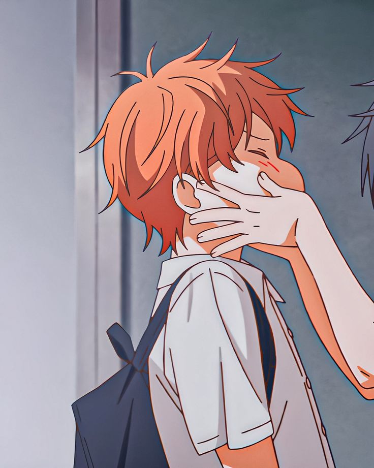 an anime character with red hair covering his face and looking at another person in the background