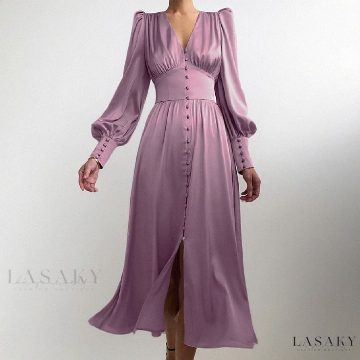 Lasaky - Elegant Tea Dress with Adjustable Waist and Sash Details Elegant Bodycon Dress, Midi Dress Chic, Long Dresses Elegant, Satin Dress Long, Elegant Midi Dresses, Lantern Sleeve Dress, Evening Dress Fashion, Split Maxi Dress, Elegant Dresses For Women