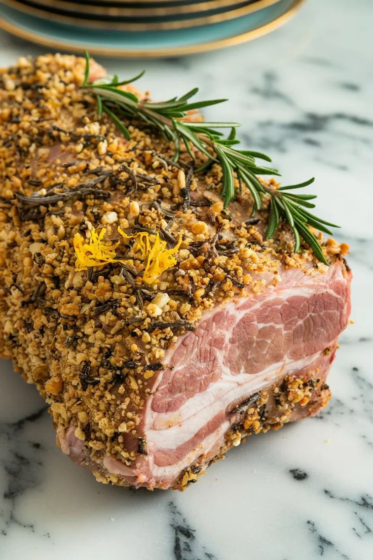 a piece of meat covered in herbs and seasoning on top of a marble counter