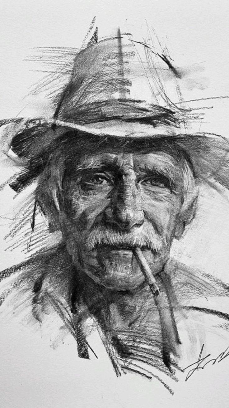 a drawing of an old man with a pipe in his mouth and wearing a hat