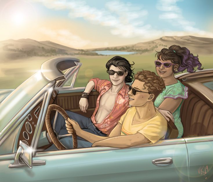 three people are sitting in the driver's seat of a car, one is wearing sunglasses