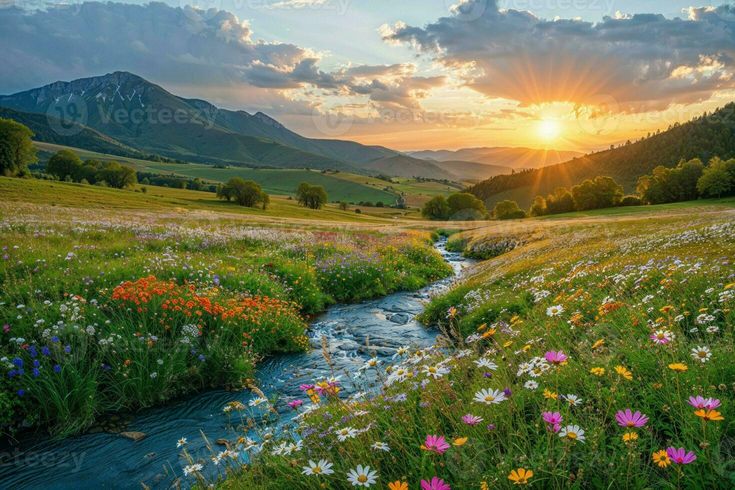 the sun is setting over a field with wildflowers and mountains in the background