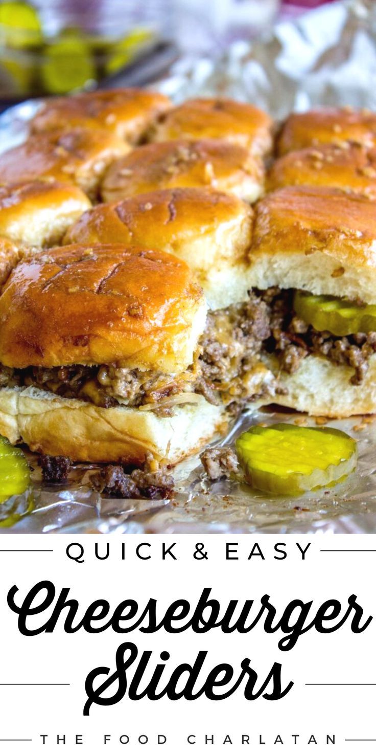 an image of a hamburger sliders with pickles on the side and text overlay that reads quick & easy cheeseburger sliders