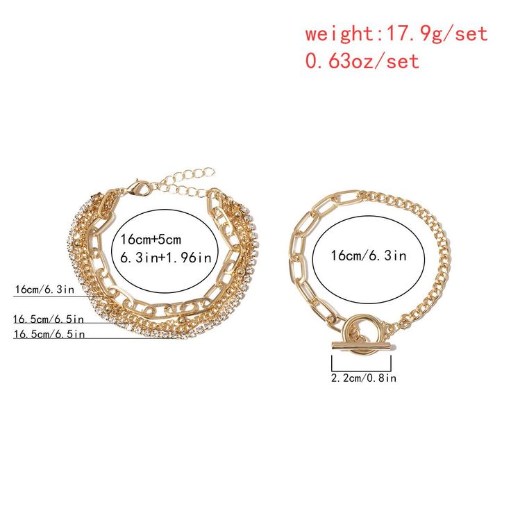 BraceletMaterial: alloy, ironGold, silver colorChain: 16cm + 5cmWeight: 17.9gNote: There can be a slight difference due to manual measurement. Toggle Clasp Bracelet, Bohemia Crystal, Gold Link Bracelet, Layered Bracelets, Women Diamond, Bracelet Clasps, Necklace Sizes, Gold Charm, Beach Jewelry