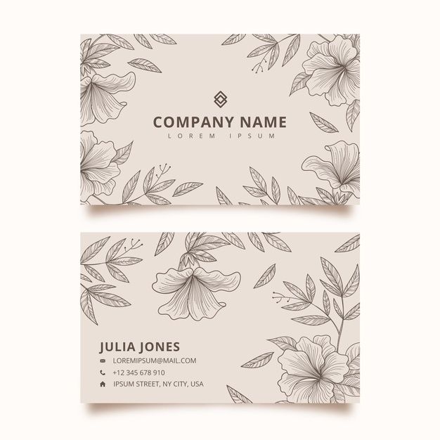 two business cards with flowers and leaves on the front, one is gray and white