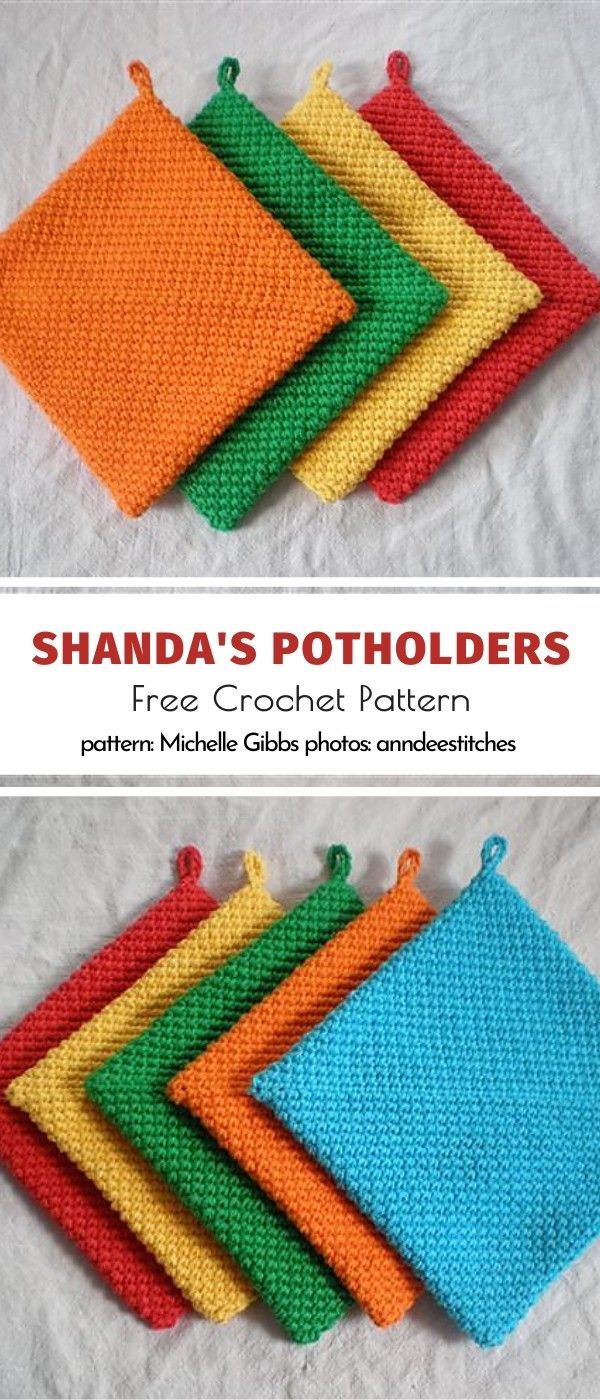 six pieces of colorful kitchen towels on top of each other with the words shanda's potholders