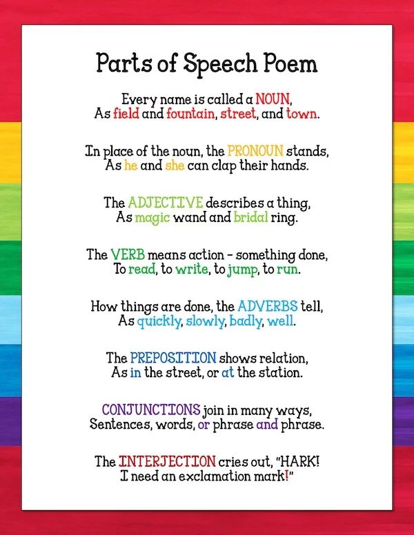 a poem written in different languages on paper with rainbows and black writing, including the words parts of speech