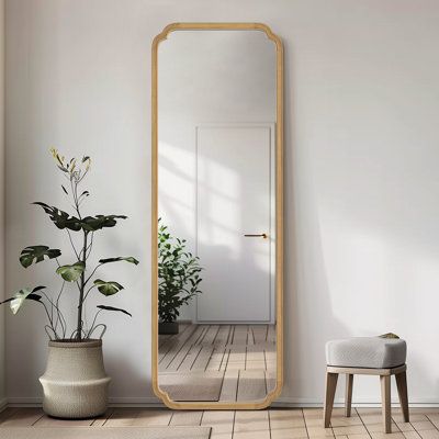 an empty room with a large mirror and potted plant on the floor next to it