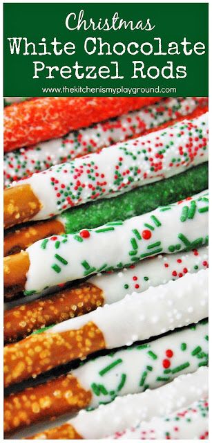 christmas white chocolate pretzel rods with frosting and sprinkles on them