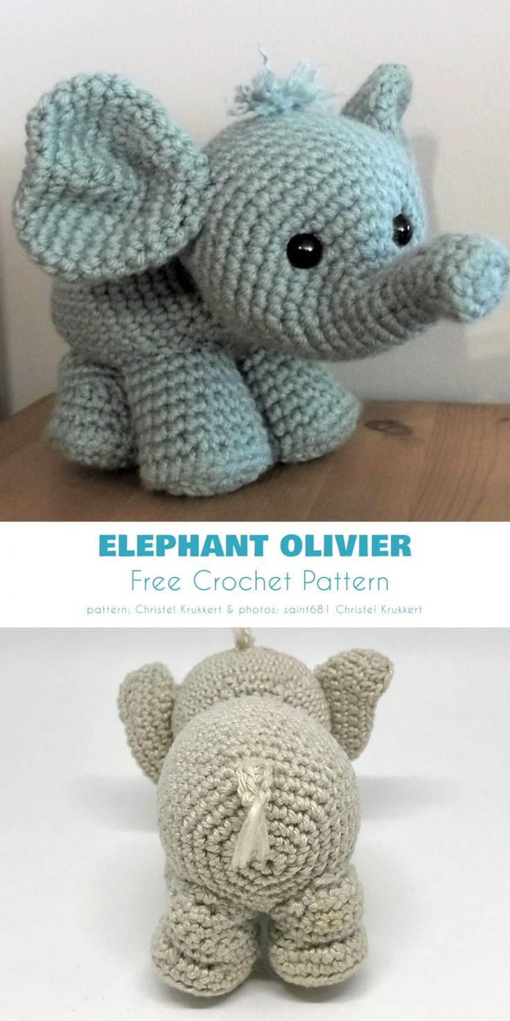 an elephant stuffed animal sitting on top of a table next to another crocheted toy