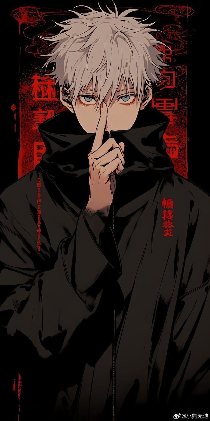 an anime character with white hair wearing a black jacket and holding his hand to his face