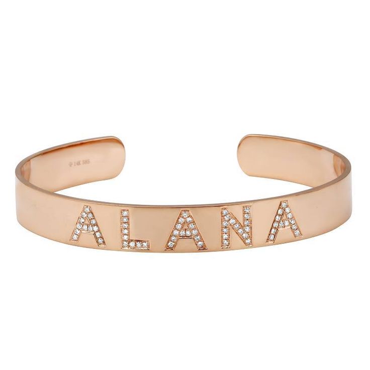 Customize this 14k gold cuff with micro pave diamond letters of your selection, making it an ideal gift for your loved one. It's a beautiful way to create a truly personal and timeless piece of jewelry that reflects a unique story. Item Information Metal: 14k Gold Cuff Width: 7mm Letter Height: 6mm Approx. Total Carat Weight (Per Letter): 0.05 Diamond Letters, Personalized Cuff Bracelets, Rose Gold Cuff Bracelet, Diamond Cuff Bracelet, Diamond Gift, Gold Cuffs, Custom Bracelets, Rose Gold Diamonds, Micro Pave