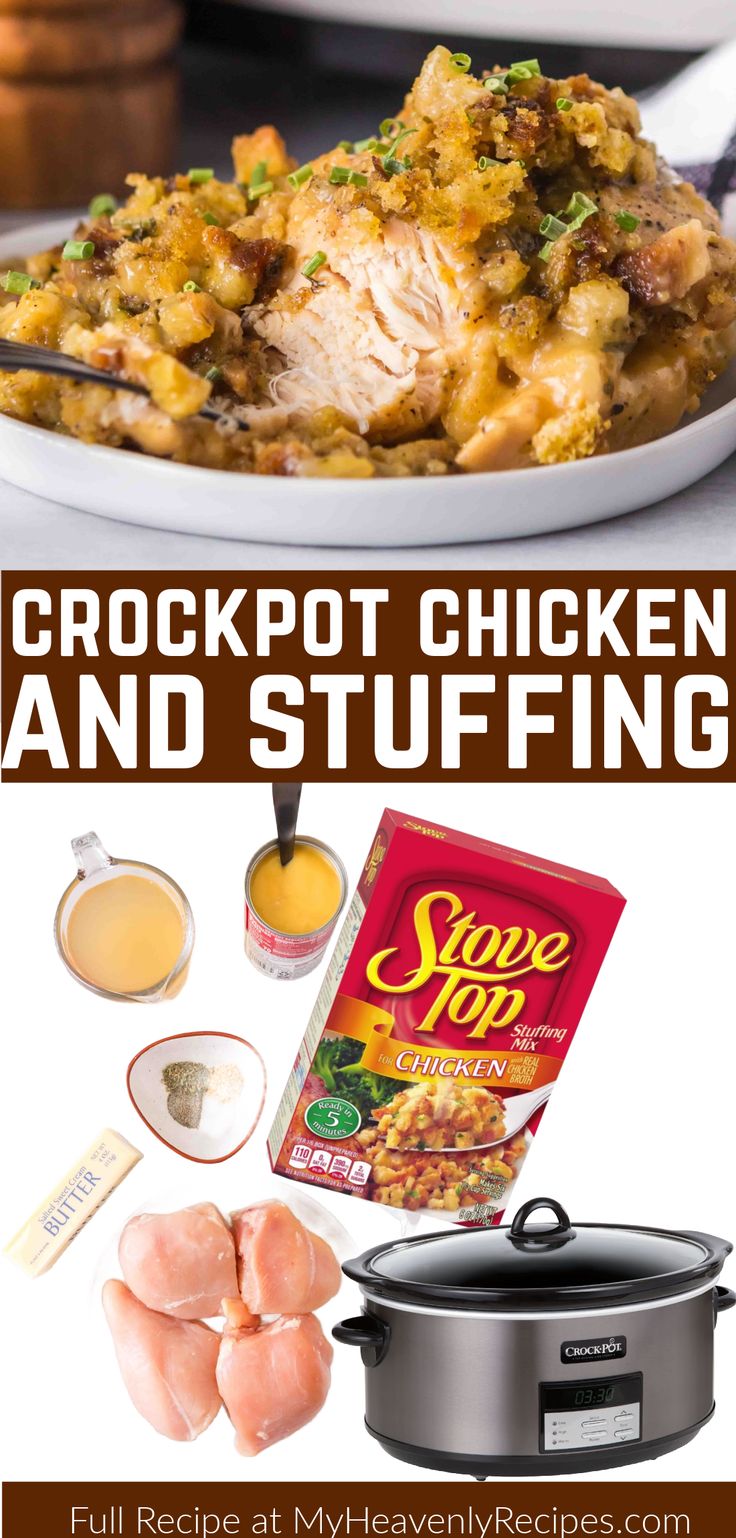 Crockpot Chicken and Stuffing Stuffing Crockpot, Dinner For Busy Nights, Crockpot Chicken And Dressing, Crockpot Chicken And Stuffing, Stuffing Chicken, Creamy Crockpot Chicken, Chicken And Stuffing, Chicken Breast Crockpot Recipes, Crockpot Chicken Breast