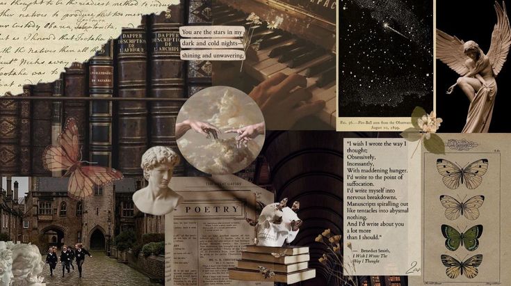 an altered collage with many different pictures and words on it's side, including books