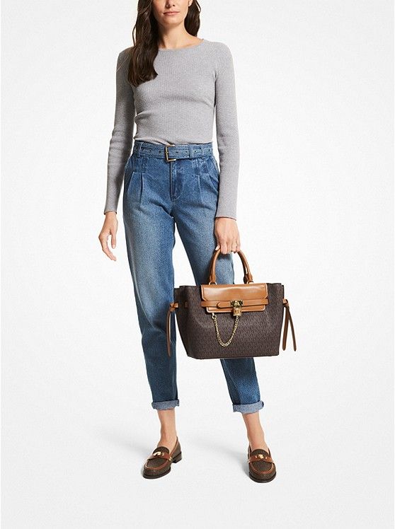 Hamilton Legacy Large Logo Belted Satchel | Michael Kors Wedge Pumps, Michael Kors Hamilton, Womens Crossbody Bag, Sunglasses Branding, Casual Boots, Travel Outfit, Michael Kors Bag, Smooth Leather, Cross Body Handbags