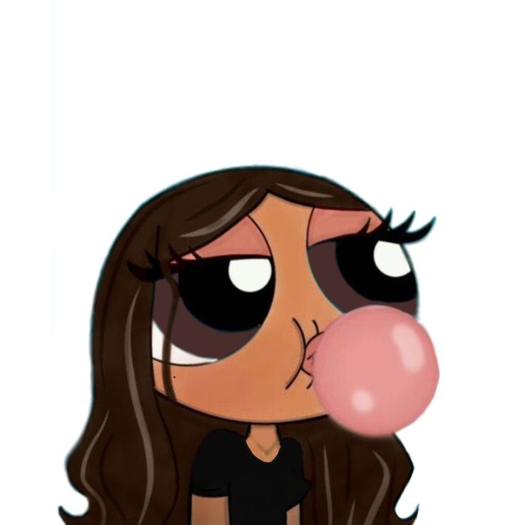 a cartoon girl blowing a bubble with her eyes wide open and brown hair, wearing a black t - shirt