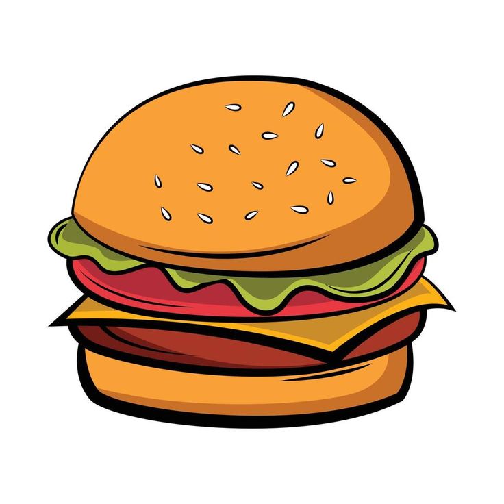 a cartoon hamburger with lettuce and tomato on it's bun, ready to be eaten