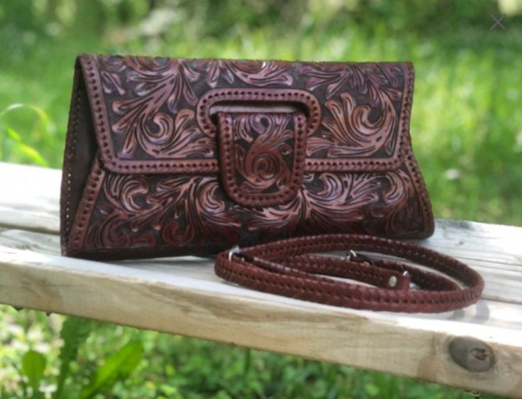 Hand-Tooled Leather Large Crossbody Clutch "Lengueta" by ALLE - ALLE Handbags Tooled Leather Handbags, Mexican Bag, Brown Leather Purse, Tooled Leather Bag, Tooled Leather Purse, Small Clutch, Handmade Purses, Cool Gifts For Women, Brown Leather Bag