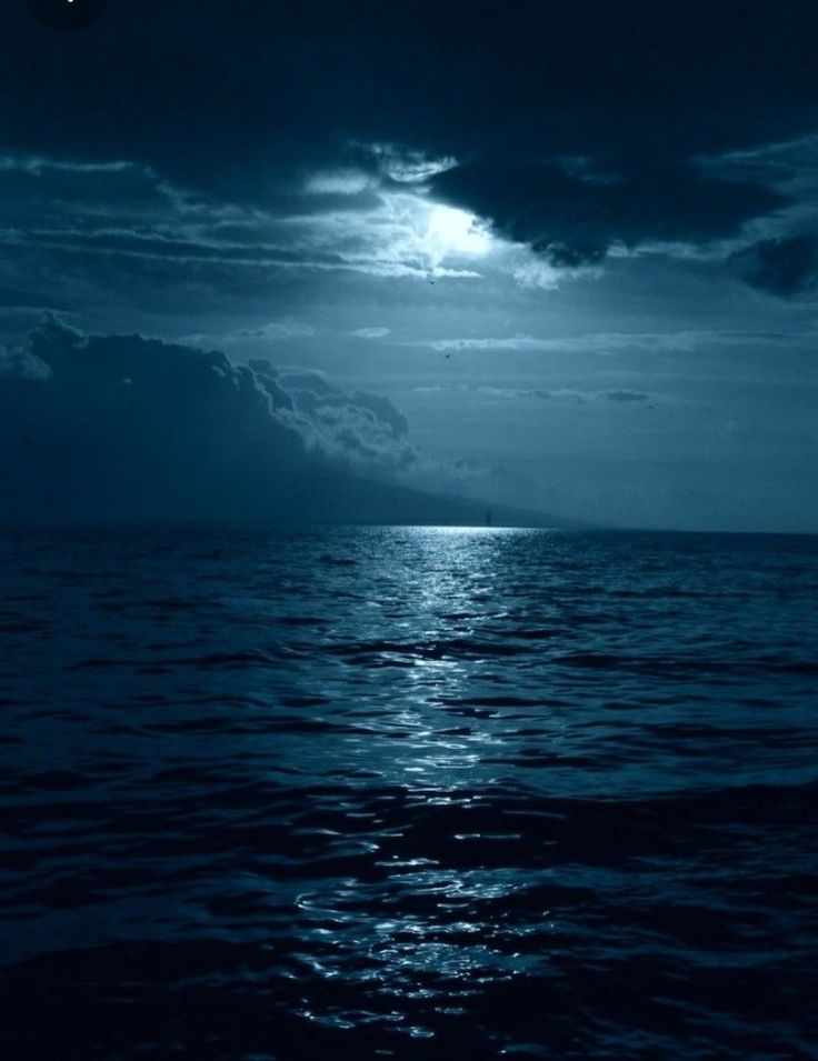 the moon shines brightly in the dark sky over the ocean as it reflects on the water