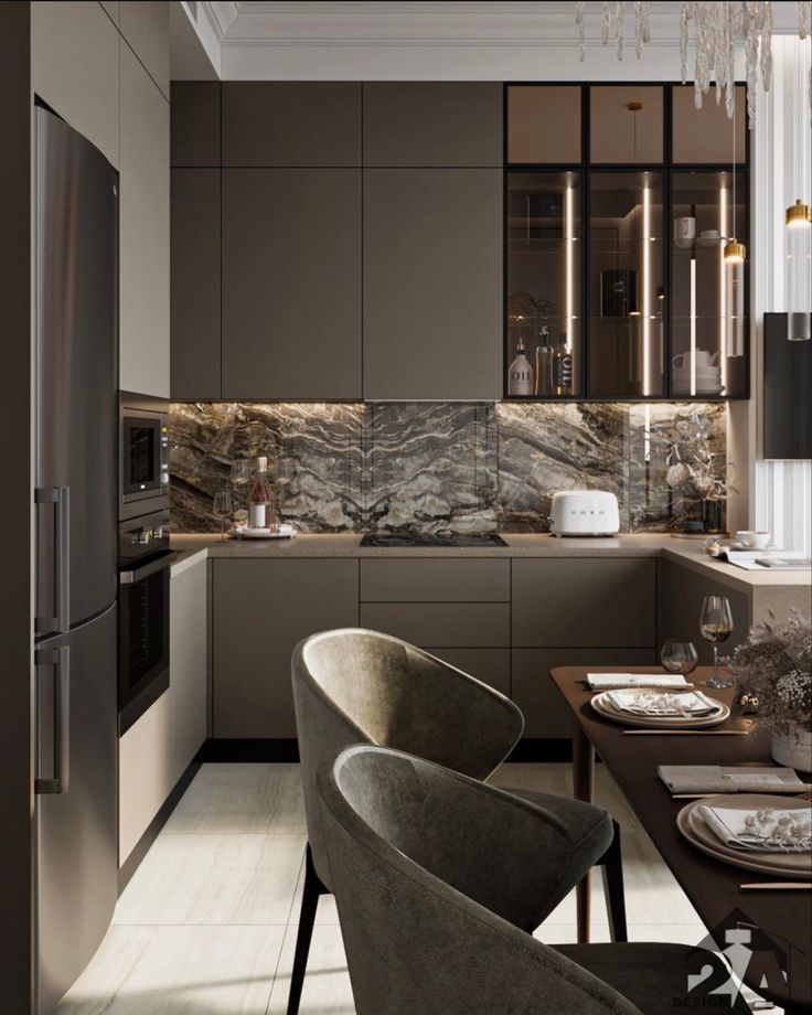 a modern kitchen with marble counter tops and gray chairs in front of the stove top oven