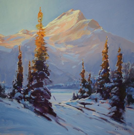 a painting of snow covered trees and mountains