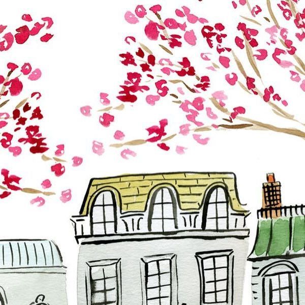 a drawing of a tree with pink flowers in front of a white building and green roof