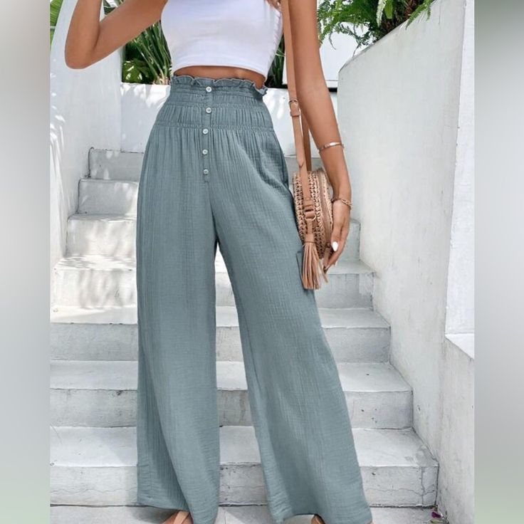 No Tags Brand New Wide Leg Pants Summer Wide Leg Straight Pants With Button Closure, Summer Pants With Button Closure, Casual High Rise Wide Leg Pants For Summer, Summer Straight Leg Wide Pants With Button Closure, Casual Summer Wide Leg Pants With Button Closure, Casual Wide Leg Pants With Button Closure For Summer, Casual Spring Pants With Button Closure, High Waist Non-stretch Bottoms For Vacation, Casual Vacation Bottoms With Button Closure