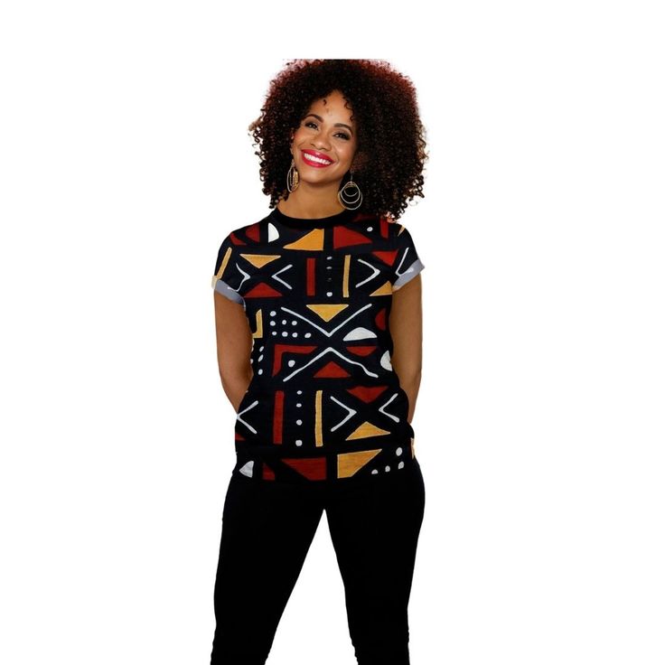 This new Bogolan Print Women T-shirt features a relaxed fit for Women. T-shirt is durable, breathable and soft. Product Features Please Compare your Measurements To our Size Chart This T-shirt is Designed for fashionable women. Made from 5.47 Oz. 100% polyester. Double-needle hemmed sleeves and bottom. Vivid print that will never fade after washing Soft, lightweight and quick drying. Delivery Time This item will be processed within 3-7 business days (Excluding Weekends and Holidays). Once produc Relaxed Chic, Printed Carpet, African Mud Cloth, Dyeing Techniques, Mud Cloth, New T, Women T Shirt, Unique Print, African Print