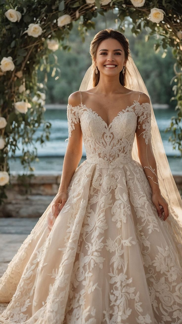 a woman in a wedding dress standing under an arch