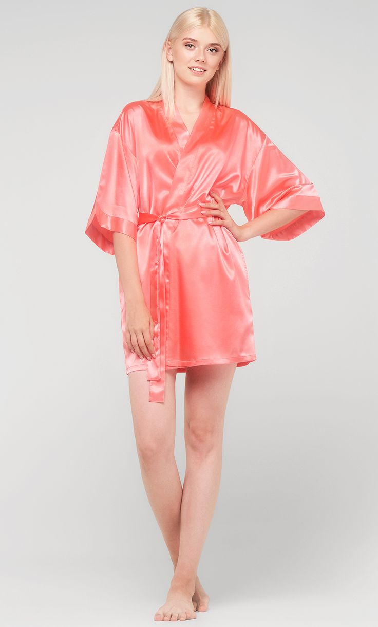 Light Coral Satin Kimono Short Robe-Robemart.com Satin Kimono, Silk Dress Long, Light Coral, Satin Material, Kimono Fashion, Spandex Fabric, Dress Long, Silk Dress, Night Gown